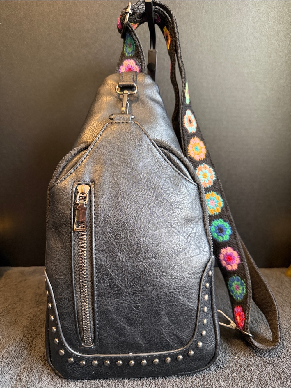 Sam & Hadley Black Crossbody Sling Bag with Embroidered Strap